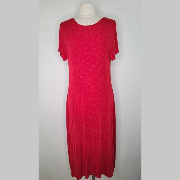 Vintage MOLLY MALLOY Slinky Red Heart Print Midi Dress Size L Valentine Sparkly - Picture 1 of 9